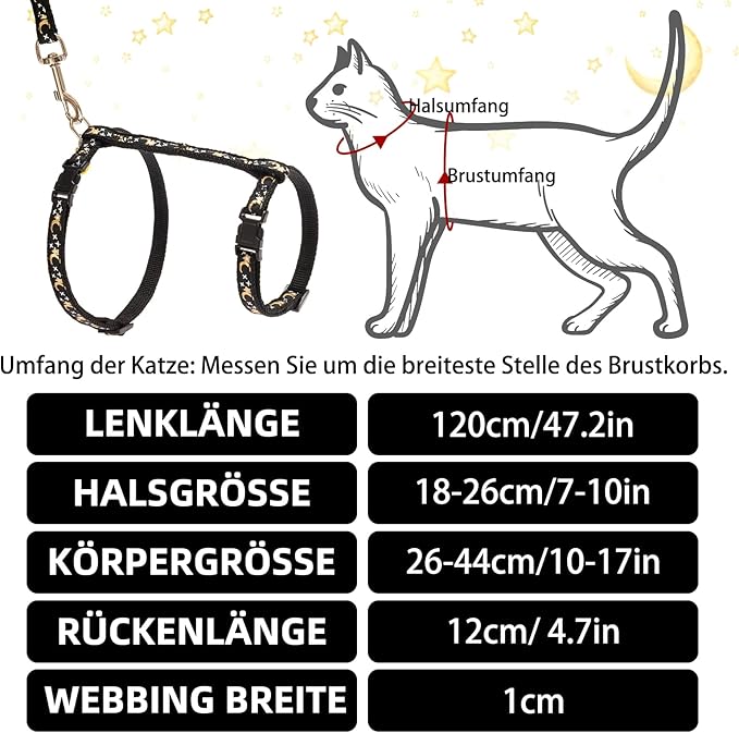PUPTECK Adjustable Cat Harness and Leash Set Escape Proof Kitten Strap Collar for Walking Travel, Moon&Star