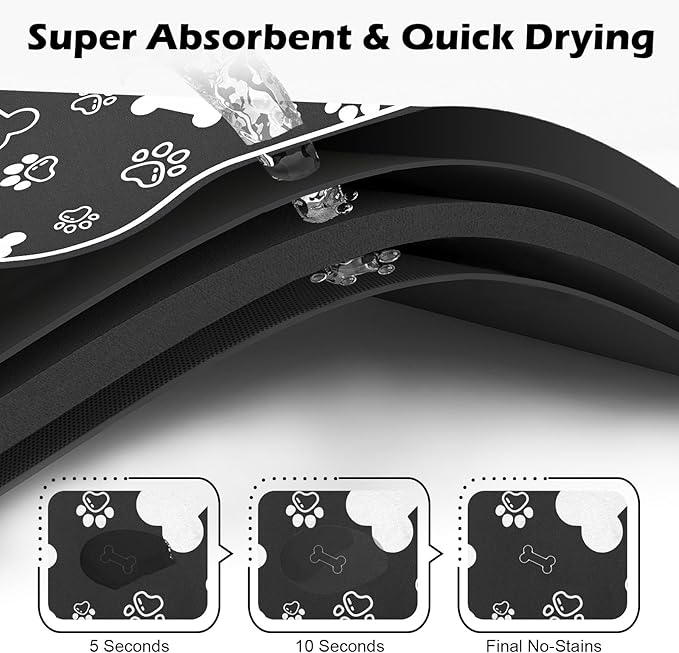 Dog Cat Food Mat,Rapid AbsorbentPet Feeding Mat, Bone Shaped Dog Placemat Water Bowl Mat with Rubber Backing,No Stains Dog Cat Food Mats Indoor, Pet Accessories Supplies 12""x18"" Black