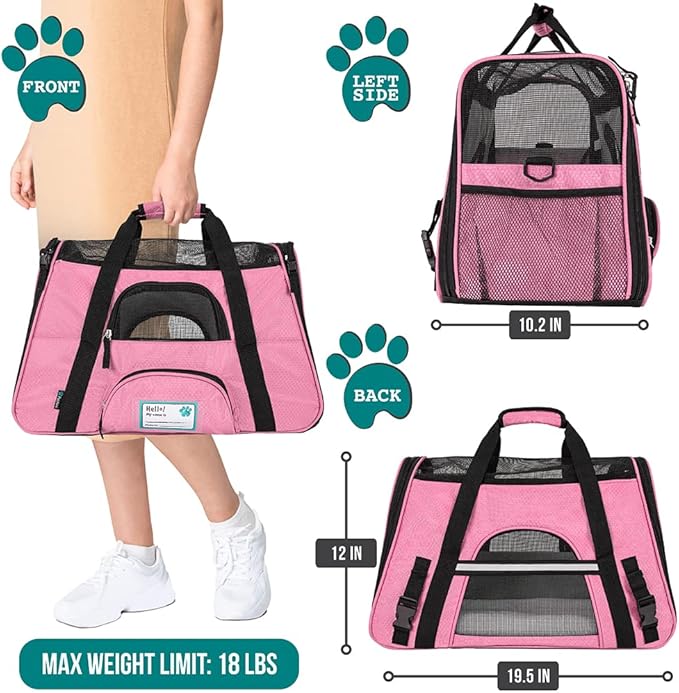 PetAmi Airline Approved Pet Carrier for Cat, Soft Sided Dog Carrier for Small Dogs, Cat Travel Supplies Accessories for Indoor Cats, Ventilated Pet Carrying Bag Medium Large Kitten Puppy, Large Pink