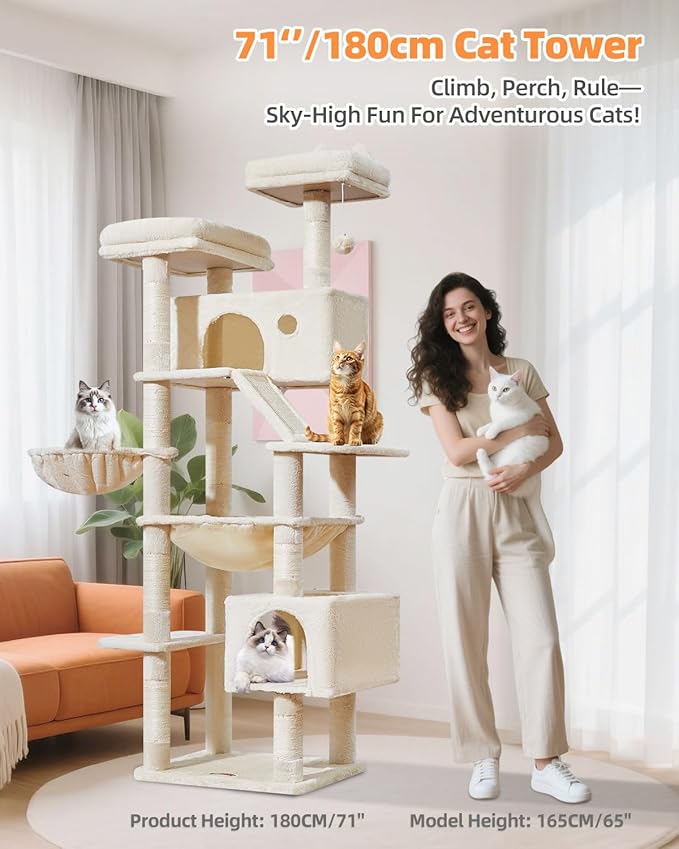 Taoqimiao Cat Tree 71-Inch, Cat Tower for Indoor Cats Large Adult, Multi-Level Large Cat Condo, 8 Sisal Scratching Posts, Metal Frame Cozy Hammock, Scratch Board, 2 Top Perches, Beige MS026LM