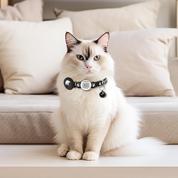 Airtag Cat Collar Breakaway with Bell & Reflective Design - Cute Paw Print Kitten Collar with Apple Airtag Holder & Safety Buckle - Perfect Pet Supplies, QR Code & Gifts for Girl & Boy Cats (Pink)