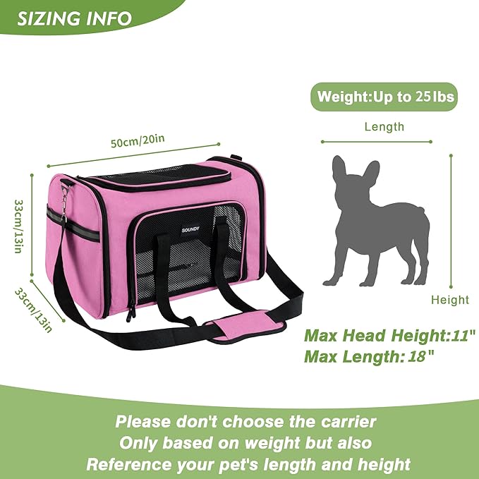 Soundy Large Cat Carrier Dog Carrier Under 25 Lbs,Collapsible Ventilated Portable Pet Bag with Soft Sided Breathable Mesh for Long Car Trips Maxi Load 2 Kittens or Small, Medium Dog (Large Pink)