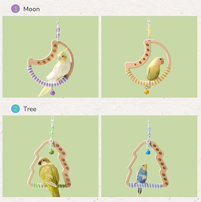 Natural Bird Swing - Tree-Shaped Parrot Perch with Bell and Cork Toys, Spinning Wooden Stand for Parakeets, Budgies, Lovebirds and Small/Medium Birds (White + Green)
