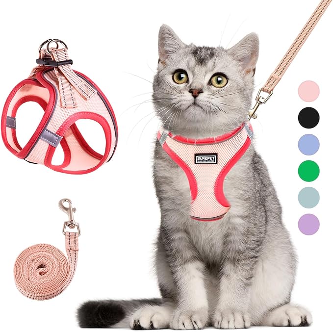 Cat Harness and Leash Set, Soft and Breathable Vest with Reflective Strip, Escape Proof Kitten Harness, Easy to Wear for Cats Walking and Traveling (Pink, M)