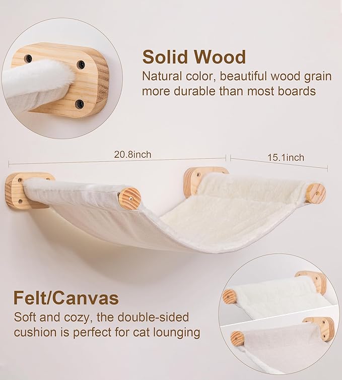 Cat Wall Shelves with 1 Floating Fabric Hammock, 2 Ladders with 4 Steps Each & 1 Flat Cat Shelf, Wall Mounted Bed Furniture & Climber, Indoor Playground