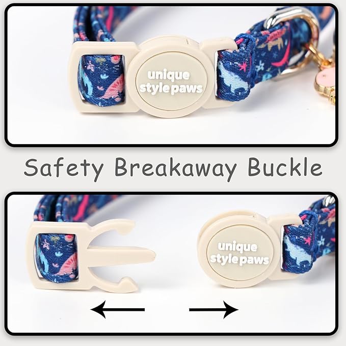 Unique style paws 2 Pack Spring Summer Kitten Collar Breakaway with Bell&Pendant, Adjustable Safety Blue Lemon Dinosaur Cat Cotton Collar for Girl Boy Cat and Small Pet