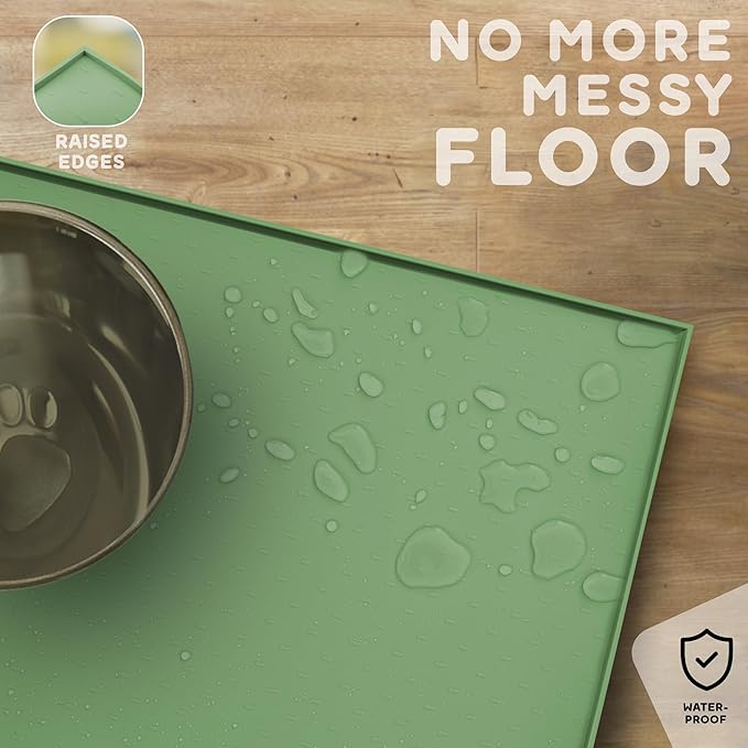 Dog Food Mat - 24x15 Raised Edges Dogs Mat for Food and Water Prevent Spill, Waterproof Cat Food Mats Protect Floors, Easy Clean Dog Bowl Mats for Food and Water, Silicone Pet Feeding Placemats Green