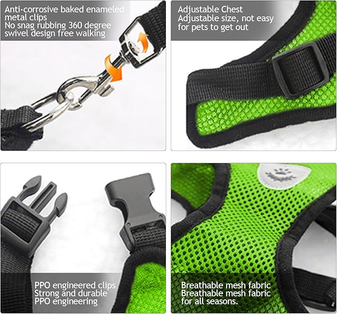 shudyear Summer cat Chest Harness and Leash, Anti-Escape Adjustable Soft mesh cat Leash and Chest Harness Set for All Types of Cats cat Vests (Size S,Green)
