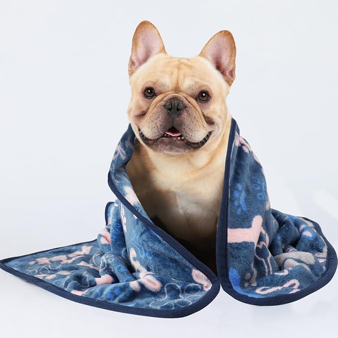 Luciphia 1 Pack 3 Blankets Fluffy Premium Fleece Pet Blanket Flannel Paw Bone Printed Throw for Dog Cat(Medium 30"x20", Khaki/Blue/Navy)