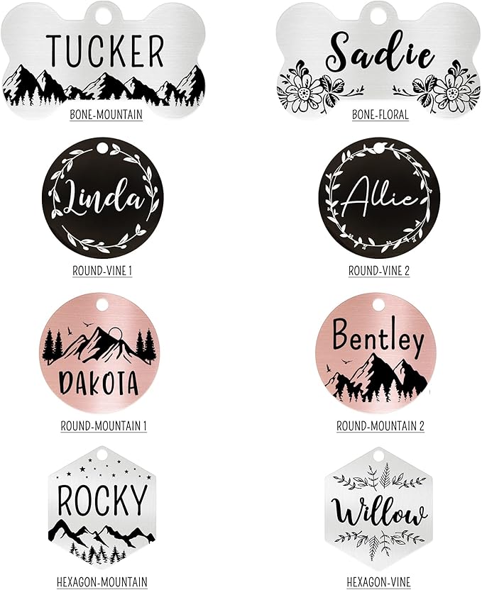 Ultra Joys Stainless Steel Dog ID Tag - Personalized Front and Back Engraving, Bone Tag Mountain Design, Rose Large