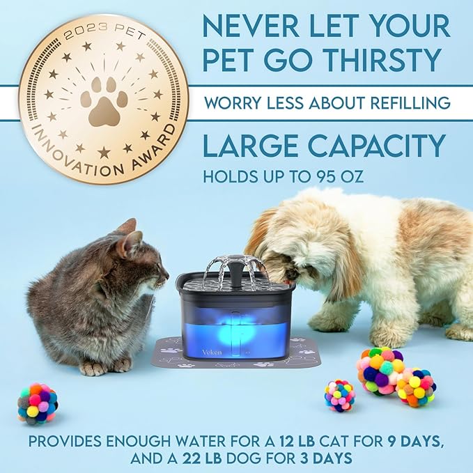 Veken Innovation Award Winner 95oz/2.8L Pet Fountain, Automatic Cat Water Fountain Dog Water Dispenser with Replacement Filters for Cats, Dogs, Multiple Pets (Space Black, Plastic)