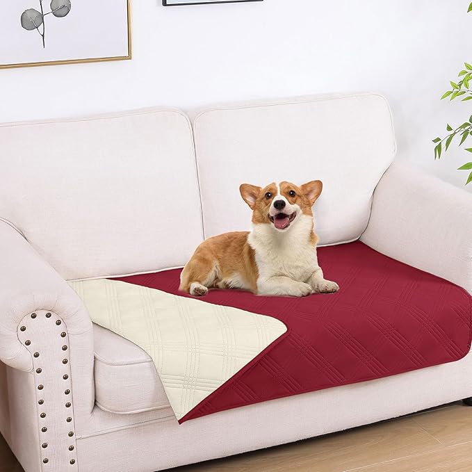 hyha Waterproof Dog Blanket, Reversible Pet Bed Blanket, Soft Sofa Couch Cover for Dogs Washable, Waterproof Pet Couch Covers for Sofa Puppy Cats Furniture Protector(30"x53", Wine Red/Beige)