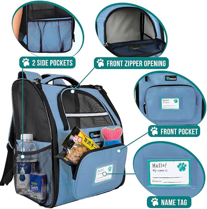 PetAmi Dog Backpack Carrier for Small Large Cat, Pet, Puppy, Ventilated Pet Hiking Backpack Travel Bag, Airline Approved Cat Backpack Carrier, Camping Biking Dog Bag Up to 18lbs Pet, Light Blue