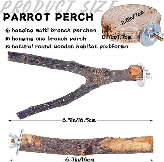 Libiline 8 Pieces Bird Perch Natural Wooden Parrot Perch Stand Fork Toys Hanging Multi-Branch Perches Platform Hammock Swing Toy for Macaws, Small Parakeets, Conures, Budgies, Finches (A-Color, Mix)