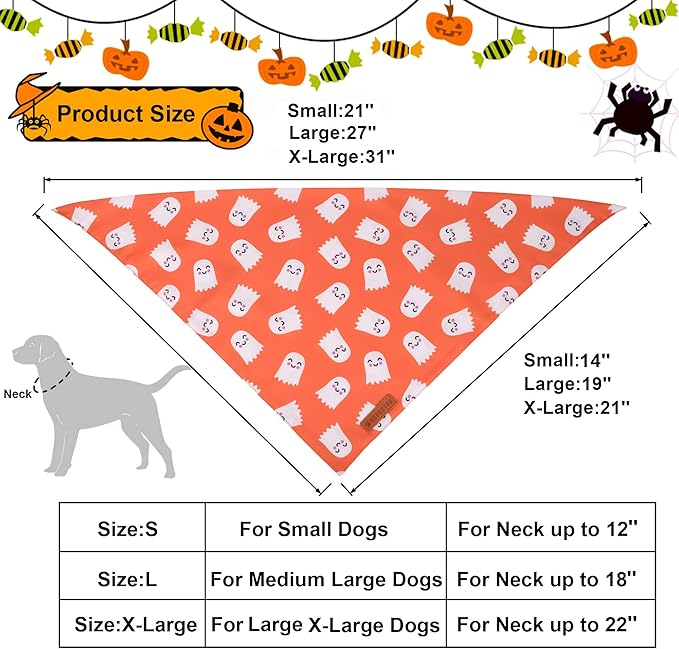ADOGGYGO Halloween Dog Bandanas 2 Pack, Reversible Pumpkin Ghost Scarf, Premium Fabric, Adjustable Fit Orange Black Halloween Bandanas for Extra Large Dogs (X-Large)