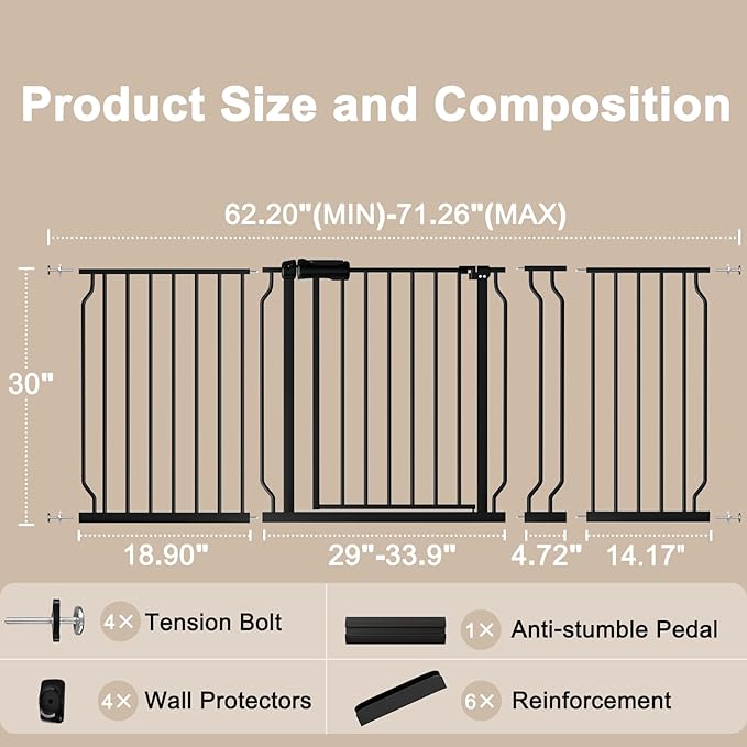 WAOWAO Baby Gate 62.20-71.26" Extra Wide Pressure Mounted Walk Through Swing Auto Close Safety Black Metal Toddler Kids Child Dog Pet Puppy for Stairs,Doorways,Kitchen