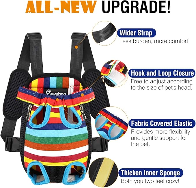 Pawaboo Pet Carrier Backpack, Adjustable Pet Front Cat Dog Carrier Backpack Travel Bag, Legs Out, Easy-Fit for Traveling Hiking Camping for Small Medium Dogs Cats Puppies, Small, Colorful Strips