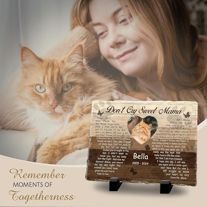 Customizable Pet Memorial Headstone for Cat - Selective Base Color to Engrave Loving Sign - Sweet Cat Mom Gifts, Remember in Memory of Cats