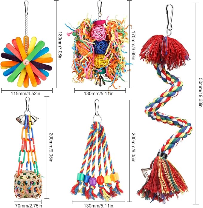 Bird Toys Rope Perch with Bell Colorful Bird Chewing Shredding Foraging Toys Parrot Swing Climbing Standing Hanging Toys Cage Accessories for Conure Cockatiel Budgies Lovebird
