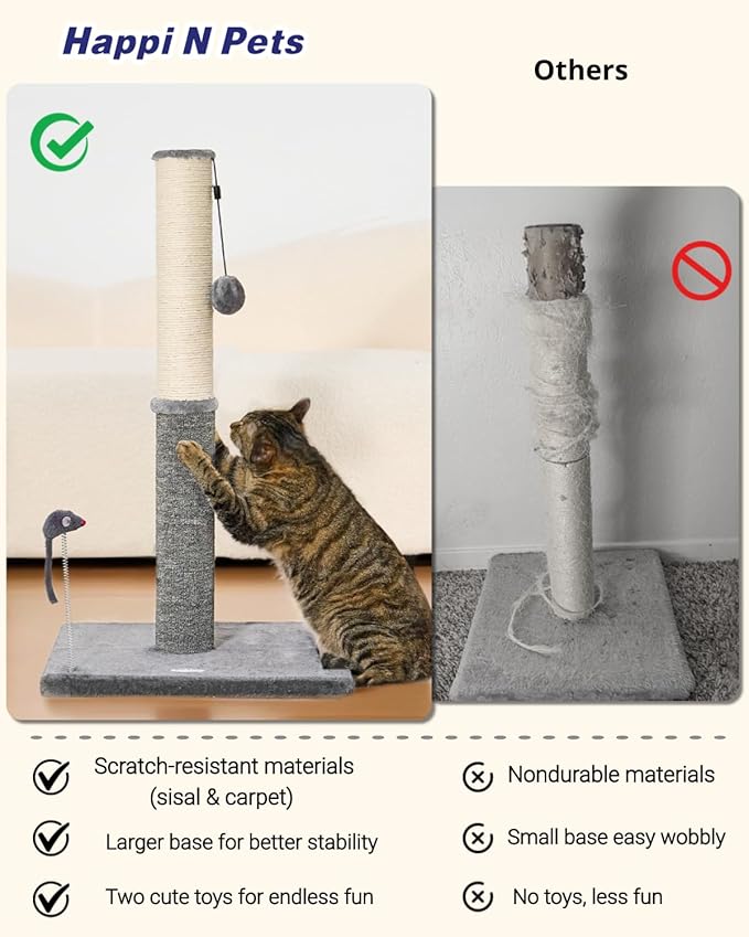 Happi N Pets 29.5" Tall Cat Scratching Post, Cat Scratchers for Indoor Cats, Sisal Scratch Post & Carpet Post in One, Stable Cat Scratch Post with Two Toys, Extra Free Toy, Light Gray