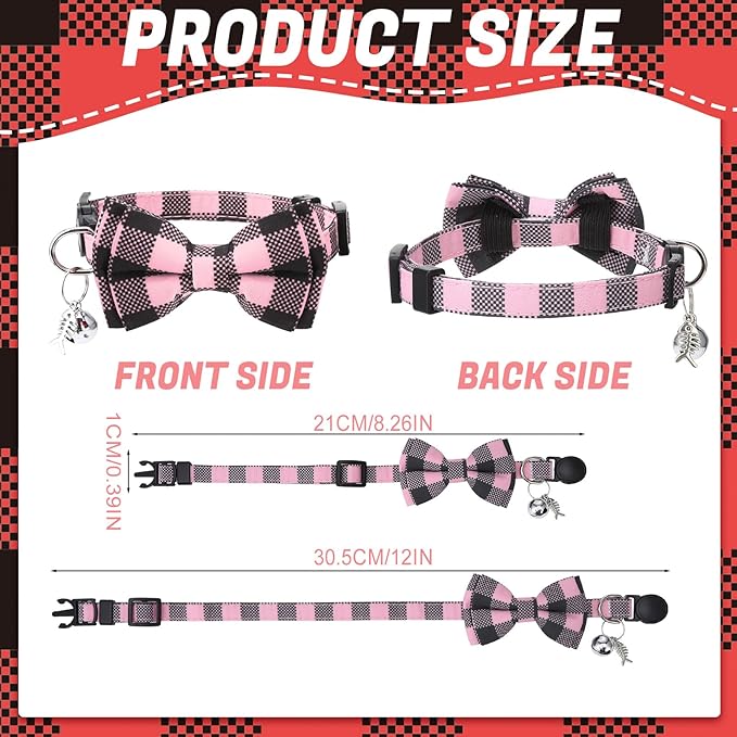 6 Pack Breakaway Cat Collars with Bow Tie and Bell Classic Plaid Kitten Cat Collars Adjustable Cat Bowtie Collar with Pendants for Girl Boy Kitten Cats