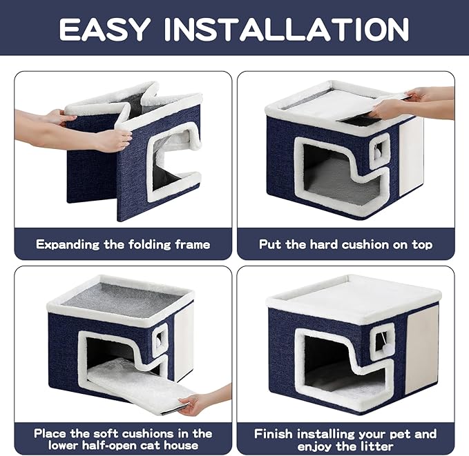 Cat Houses for Indoor Cats, Covered Cat Cave Bed with Scratch Pad and Fluffy Ball, Foldable Cat Hideaway Condo for Large Cats, Modern Kitten Bed,16.5x16.5x13 inches (Blue, Large)