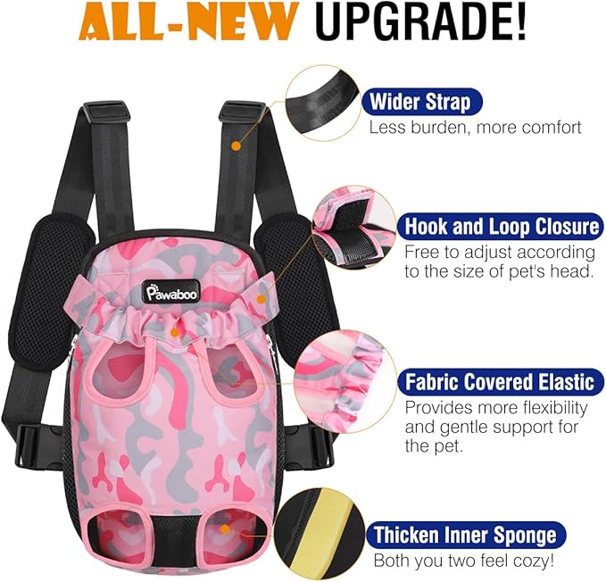 Pawaboo Pet Carrier Backpack, Adjustable Pet Front Cat Dog Carrier Backpack Travel Bag, Legs Out, Easy-Fit for Traveling Hiking Camping for Small Medium Dogs Cats Puppies, Small, Pink Camouflage