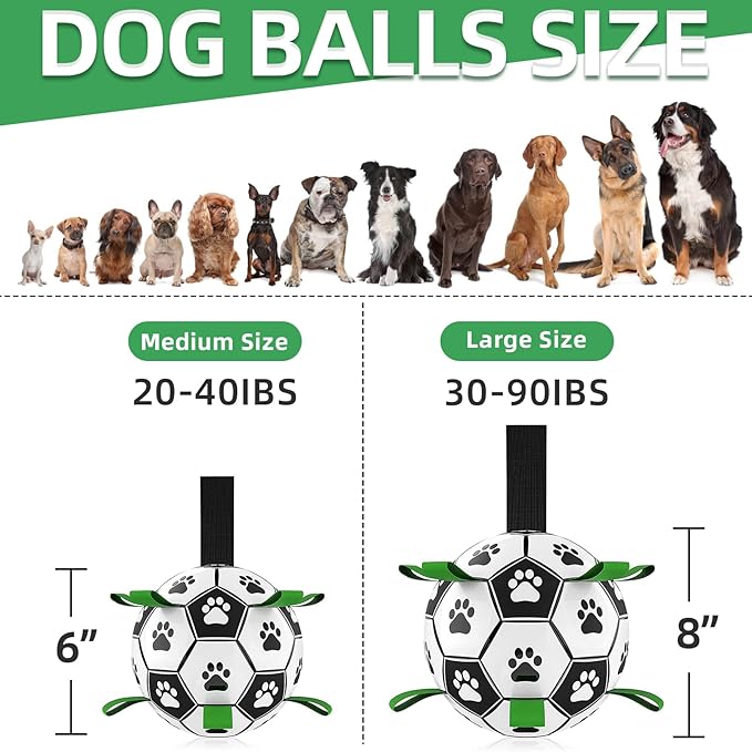 QDAN 2 PCS Dog Toys Soccer Ball Set with Straps, Interactive Dog Toys for Tug of War, Puppy Birthday Gifts, Dog Water Toy, Durable Dog Balls for Medium & Large Dogs（6 & 8 Inch）