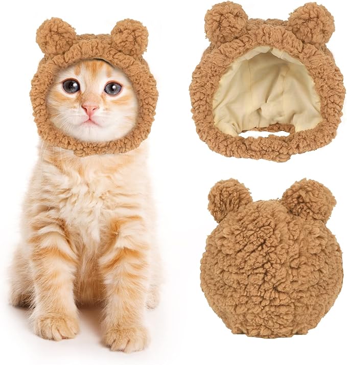 JOICEE Cute Cat Costume Warm Bear Hat Adjustable Soft Small Pet Headwear for Puppy Dog (Brown)