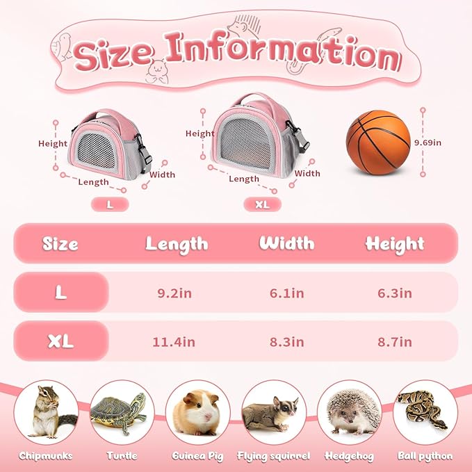 YUDODO Hamster Carrier Guinea Pig Carrier Bag Small Animal Sugar Glider Pouch Gerbil Hedgehog Portable Travel Carrier Outdoor Hangbag Flying Squirrel Rat Carrier Pink