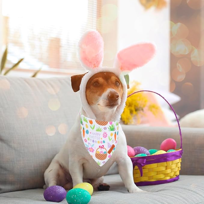 PTDECOR Easter Dog Bandana, Reversible Rabbit Easter Egg Dog Scarf, Multi Size, White Green Bandanas for Medium Large Dogs Pets (White&Green, Large)