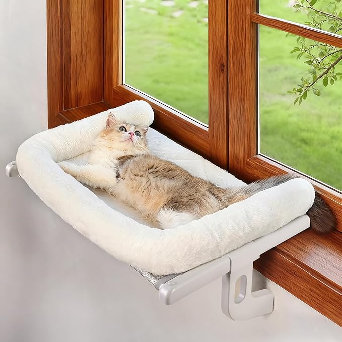 Cat Window Sill Perch with Large Bolster, Easy to Adjust & Assemble Cat Window Seat for Windowsill & Bedside, Pet Hammock Bed for Large Cats and Kittens (White, L)