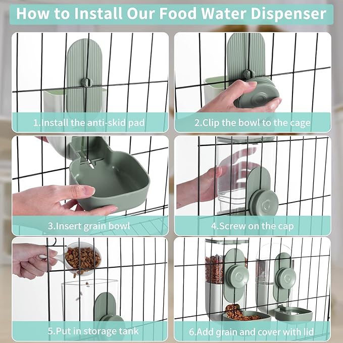 Hanging Automatic Food and Water Dispenser, Gravity Rabbit Feeder Set, Cage Cat and Bunny Food Bowl (Cage Grid Spacing Over 1.2'')
