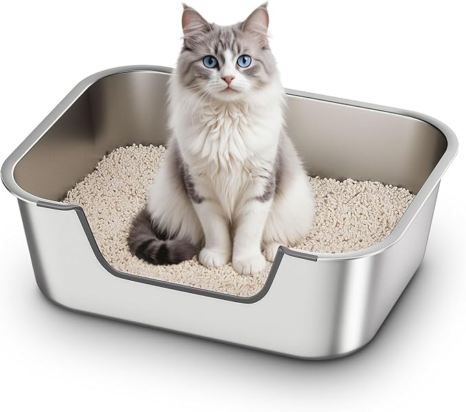 Stainless Steel Cat Litter Box with Low Entry, Metal Kitty Litter Box for Senior or Injured Cats, Odor-Free, Non-Stick, Easy to Clean, 17.5"x13.6"x5.9", Litter Pan for Medium and Small Cats