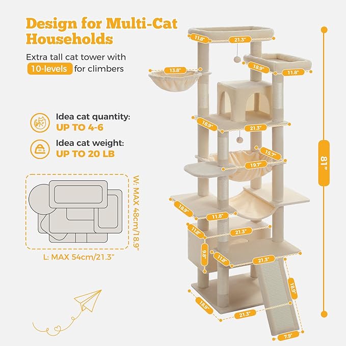 81" Heavy Duty Cat Tree for Large Cats up to 20lbs - Extra Tall Cat Tower with Metal Frame Hammock, 6 Sisal Scratching Posts, 2 Perches - Indoor Cat Furniture for Maine Coon, Big Cats, Beige