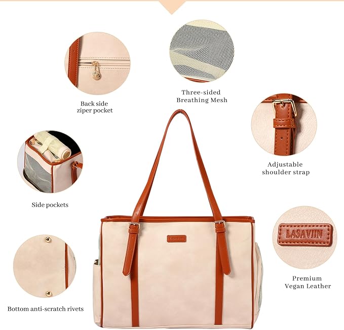 Fashion Dog Purse Pet Carrier Leather Bag for Small Dogs Cats Puppy, Portable Tote Bag Airline Approved Soft-Sided Carriers (Beign)