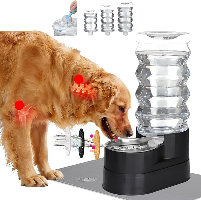 RIZZARI Automatic Dog Water Dispenser: 9L Black Elevated Feeder with Stainless Steel Dish for Elderly Dogs with Spinal Issues - Gravity-Fed Wide-Mouth - Non-Slip - Stable Base for Home or Garage Use