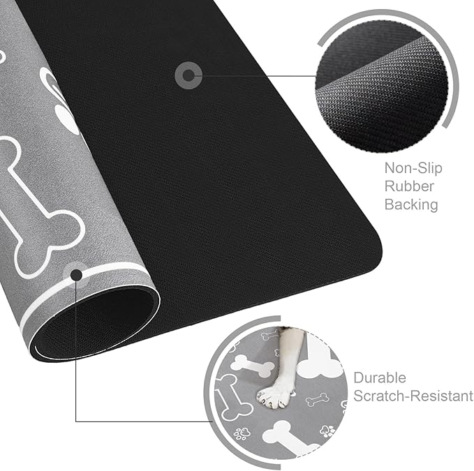 Pet Feeding Mat,Rapid Absorbent Mats for Dog Cat Food, Dog Placemat Water Bowl Mat with Rubber Backing,Messy Drinkers to Protect Floors, Pet Accessories 17"×29" Grey