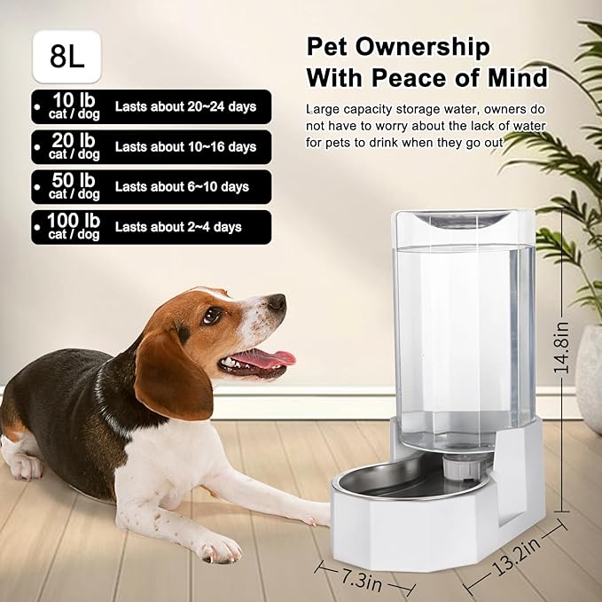 Sfozstra Automatic Pet Water Dispenser: 8L White Gravity Stainless Steel Water Bowl - with Specialized Brush - Angular Water Feeder for Senior Pet Dogs with Neck Pain Relief in Living Room Bedroom