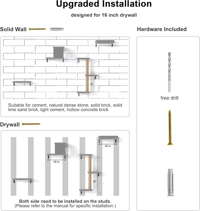 FUKUMARU Cat Wall Shelves, Stable & Safe 4 in 1 Cat Furniture Set, Wooden Climbing Wall with Scratching Post for 16 Inch Drywall - Light Gray