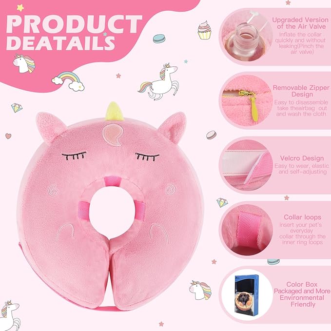 IEUUMLER Inflatable Recovery Dog Collar, Protective Donut Cone, Adjustable Soft Collar for Dog and Cat After Surgery Prevent from Biting & Scratching EU002 - Unicorn M+