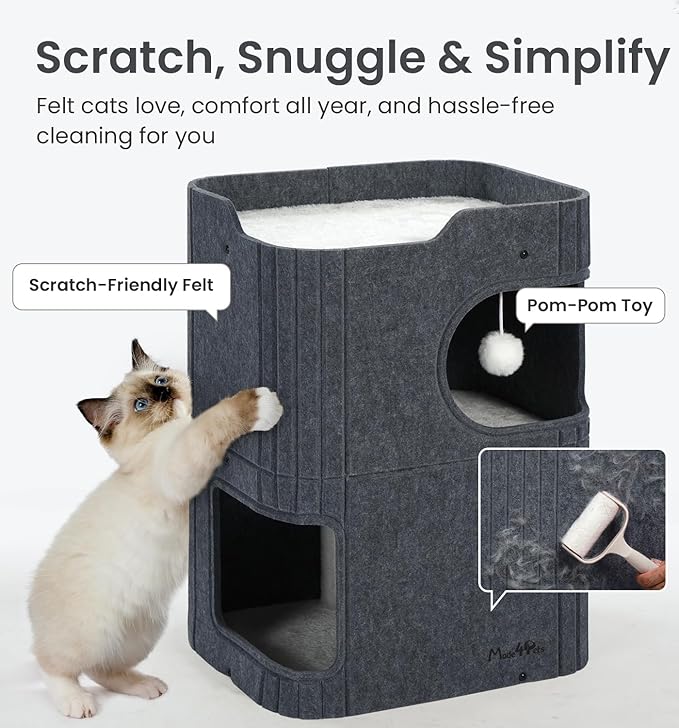 Made4Pets Cat House for Indoor Use, 2-Storey Cube Bed Cave, Covered Hideaway Condo with Scratch-Resistant Felt, Foldable Easy-to-Clean Design for Multi-Cat Homes, Dark Grey