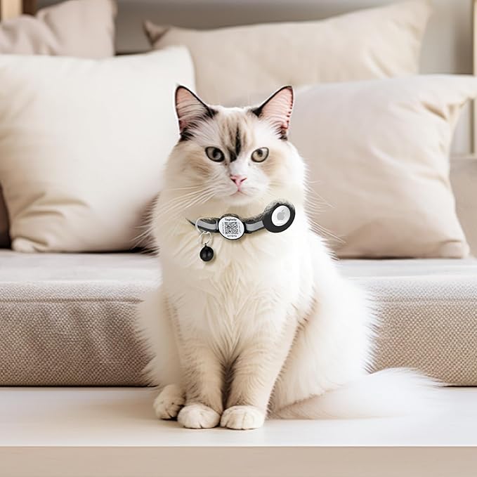 Airtag Cat Collar Breakaway with QR Code Name Tag, Reflective cat Collar airtag Holder with Bell, Cat ID Tag Personalized, Ultra-Durable, Adjustable, Quick Release, Fits Most Cats (Black)