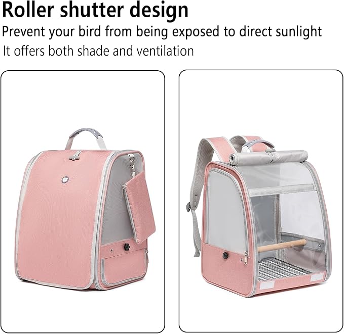 Bird Carrier Backpack, Portable Travel Bird Cage with Standing Perch, 2 Feeder Cups, Iron Mesh Stand & Removable Tray Lightweight, Breathable Mesh Window for Parrot Carrier，Easy Clean (Pink)