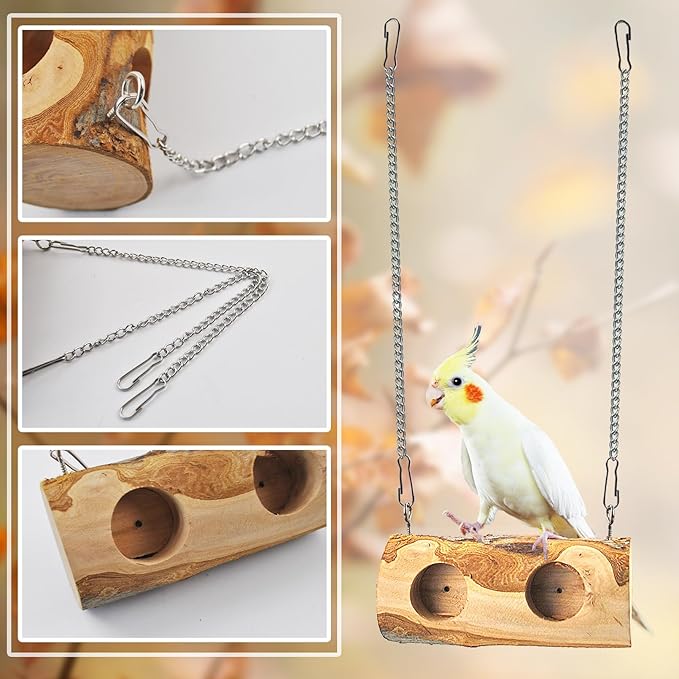 Natural Parakeet Swing Perch,Wood Bird Swing for Parakeets Hanging Birdcage Toy for Standing and Pecking,Sturdy Parrot Relieve Boredom Toys for Cockatiel Conure Canary Lovebird Finch
