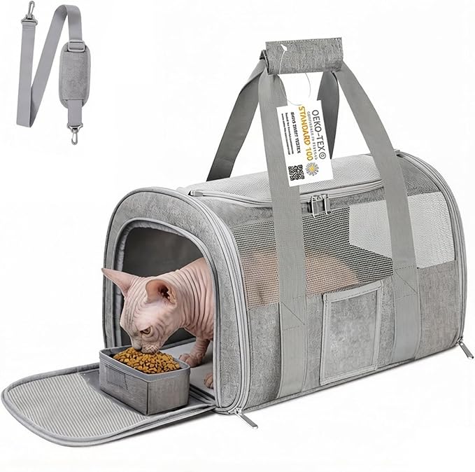 Cat Carrier Pet Dog Carrier Airline Approved for Puppy Kitten Carriers Under 15lb, Collapsible Soft Sided TSA Approved Travel Carrier-Grey