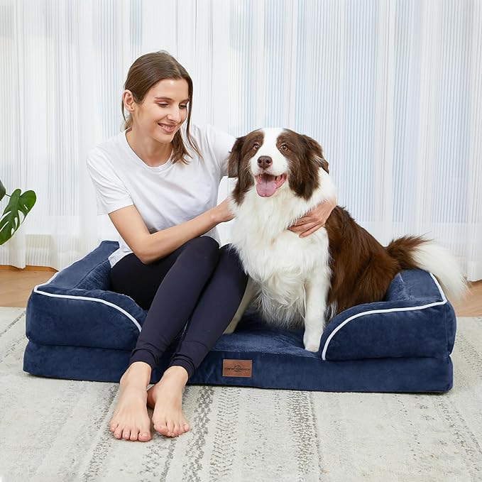 Comfort Expression Orthopedic Dog Bed for Small Dogs 24x16 Inch, Waterproof Supportive Egg Crate Foam Small Pet Bed with Removable Bolsters, Dog Couch with Washable Cover & Non-Slip Bottom, Navy Blue