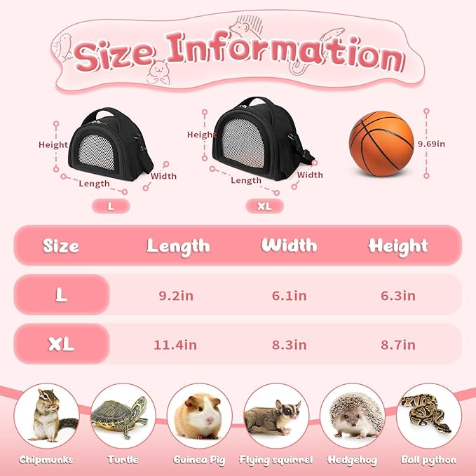 YUDODO Hamster Carrier Guinea Pig Carrier Bag Small Animal Sugar Glider Pouch Gerbil Hedgehog Portable Travel Carrier Outdoor Hangbag Flying Squirrel Rat Carrier Black