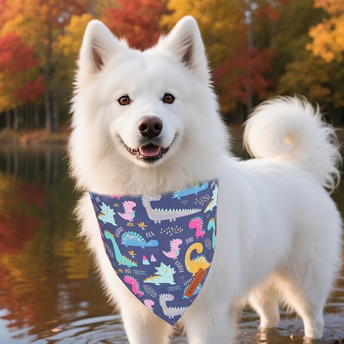 ADOGGYGO Dinosaur Dog Bandanas 2 Pack, Reversible Colorful Animal Pet Scarf, Premium Fabric, Adjustable Fit Yellow Blue Dinosaur Bandanas for Medium Large Dogs (Large)