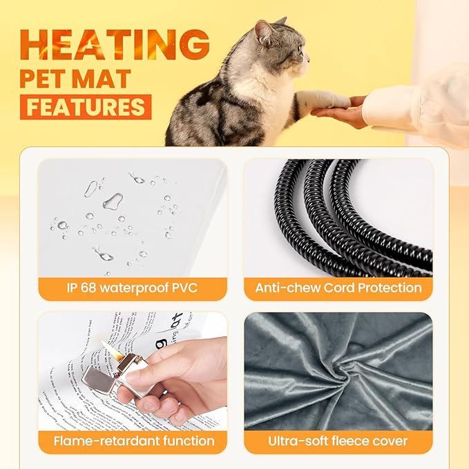 Indoor Heated Cat House, Adjustable Temperature Cat Heating Bed with Timer and Chew Resistant Cord, Large Cat House with Heating Pad for Small Medium and Large Cats